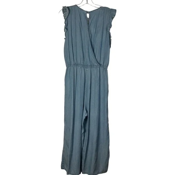 Old Navy Womens Chambray Jumpsuit Embroidered Ruffle Sleeves Boho‎ Summer Size M - Picture 3 of 5